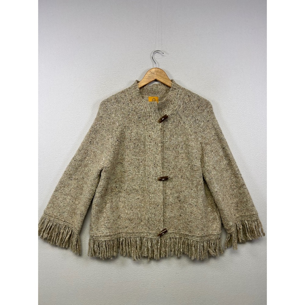 Boho Western Hygge Ruby Rd. Womens XL Oatmeal Marled Fringe Toggle Cardigan
